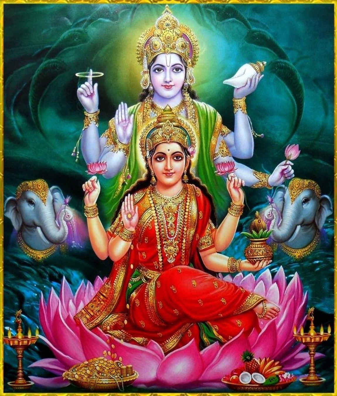 Download Lord Vishnu And Lakshmi On A Lotus Wallpaper | Wallpapers.com